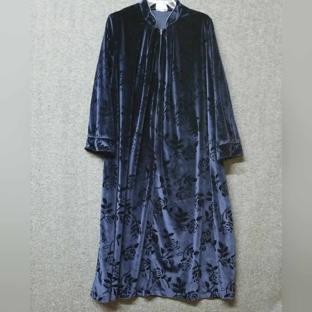 Jasmine Rose Robe Housecoat 1/2 Zip F Dark Blue, Long Cuffed Sleeve, Size M